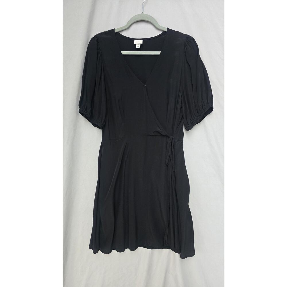 A New Day Dress Womens Medium Black V Neck Wrap Fit & Flare Belted Puff Sleeve